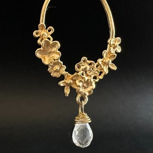 Romantic Floral Flower Antique Style Sterling Silver Gold Hoop Crystal Earrings - Picture 2 of 3